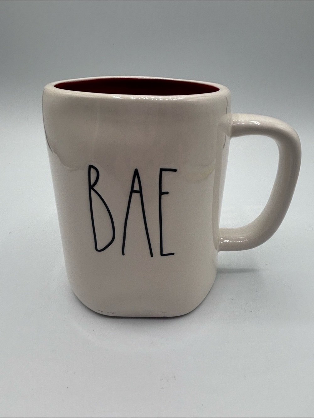 Rae Dunn BAE White Mug with Black Lettering and Red Interior